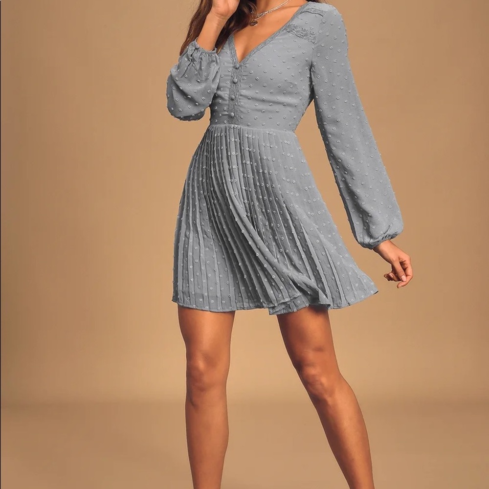 Dusty Blue Long Sleeve Pleated Mini Dress